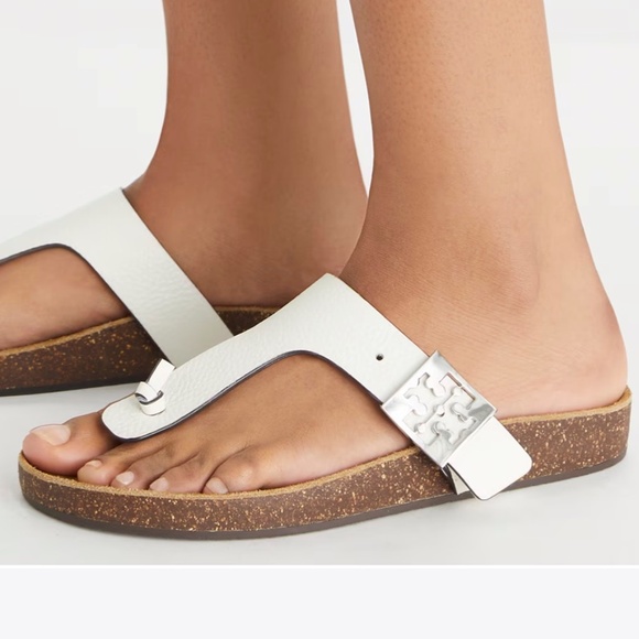 New in Box Tory Burch Mellow T-Strap Sandals | Size 8 | Blanc/Light Oak - Picture 2 of 10